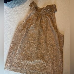 J.Crew Gold Metallic Lace Tie-Neck Top